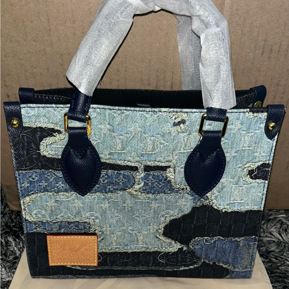 Denim Patchwork Navy Tote Bag with Leather Trim